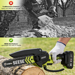 SEESE Brushless Mini ChainSaw - Portable Electric Cordless Saw for Wood Cutting, Batteries (2000mAh) ,Pruning, Gardening, Camping - Suitable for Seniors, Women Gift for Thanksgiving,Christmas,New Year