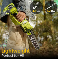 SEESE 2-in-1 Brushless Mini Chainsaw, 8 Electric Telescopic Pruner with 2×21V Batteries, 60° Adjustable Head and Shoulder Strap, Max Reach 15ft