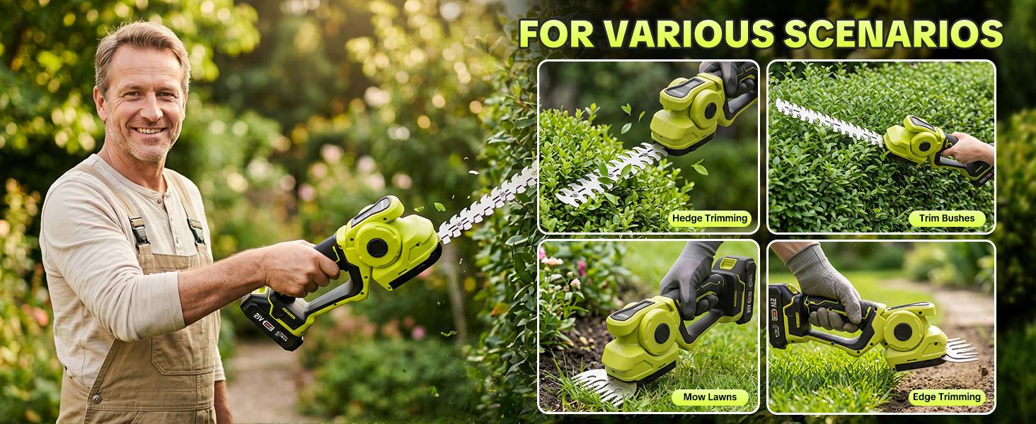SEESE Cordless 2-in-1 Grass Shear & Shrub Trimmer, Handheld Electric Hedge Trimmer, 2*21V Batteries,Lightweight for Lawn Hedge Garden Yard Maintenance fathersdaygift