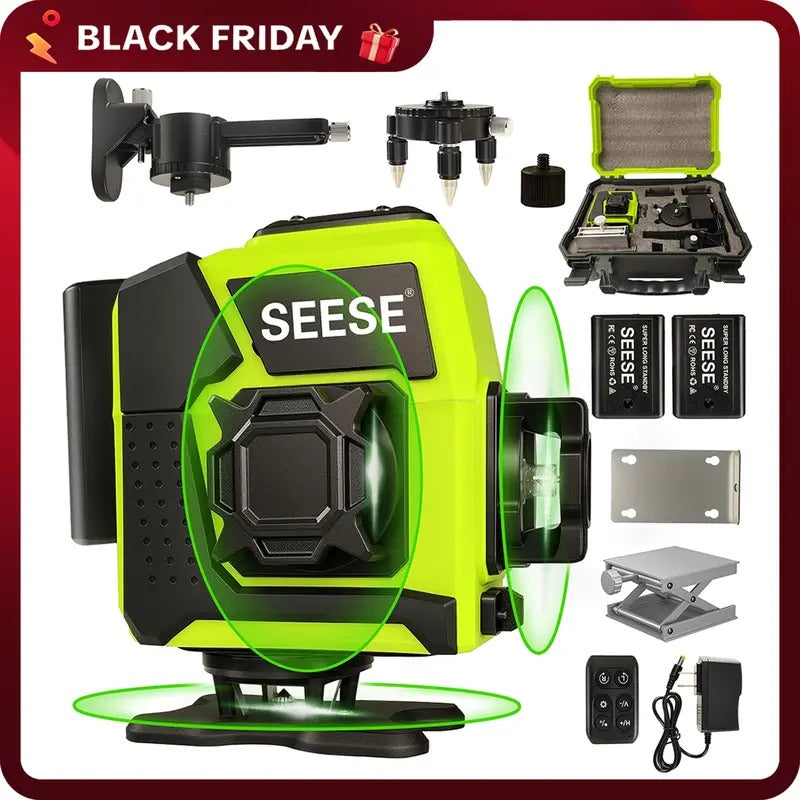 SEESE 12-Line Green Laser Level 3x360° Self-Leveling, Remote Control, Dual Batteries, Full Accessories for Tile, Cabinet & Home Improvement ,Gift for Thanksgiving,Christmas,New Year