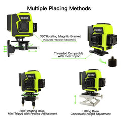 SEESE 12-Line Green Laser Level 3x360° Self-Leveling, Remote Control, Dual Batteries, Full Accessories for Tile, Cabinet & Home Improvement ,Gift for Thanksgiving,Christmas,New Year
