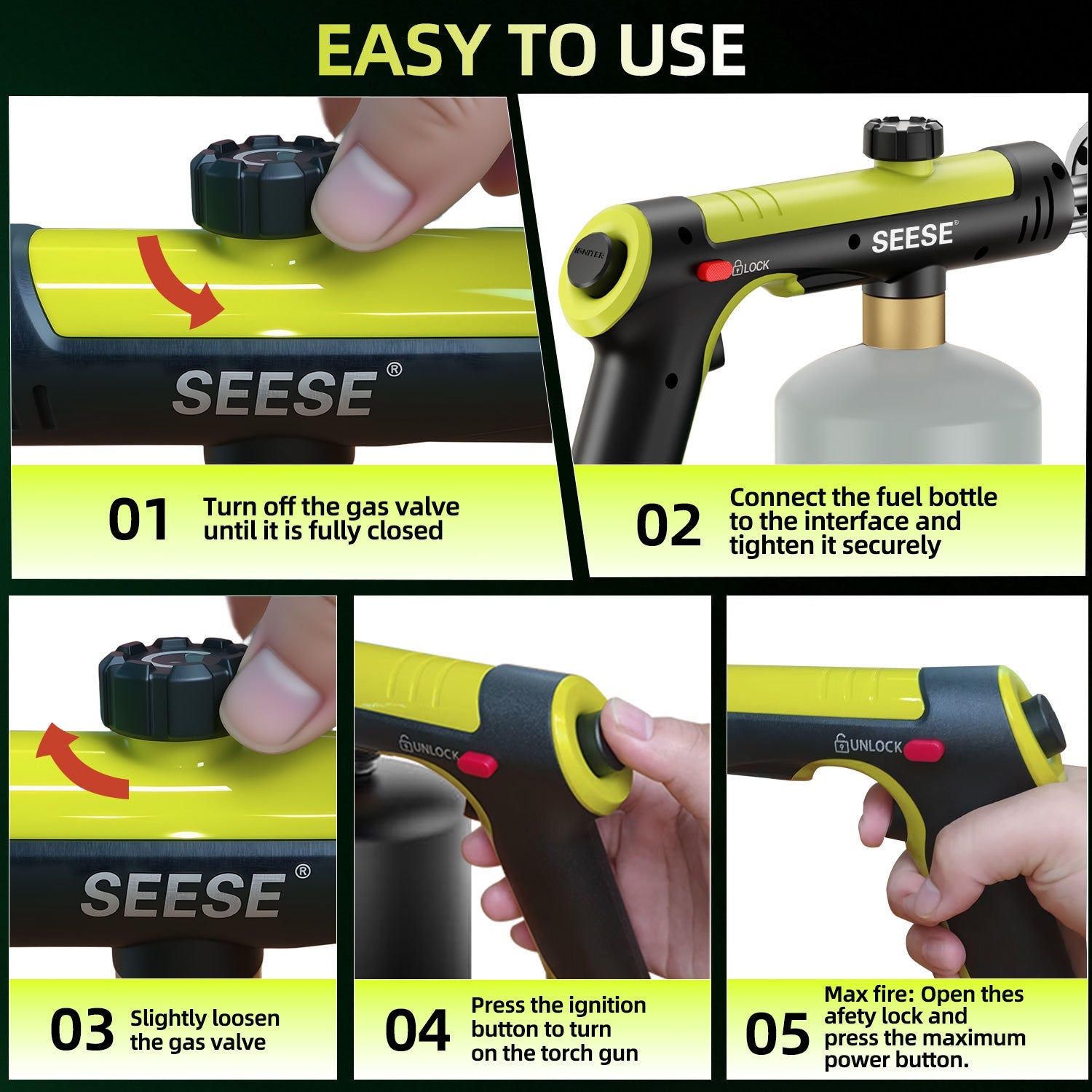 SEESE Powerful Propane Torch,Kitchen Cooking Torch With One-Touch Max Fire, Charcoal Lighter with a Safety Lock, Adjustable Blow Torch for Sous Vide, BBQ, Campfire, Fireplace(Tank Not Included)