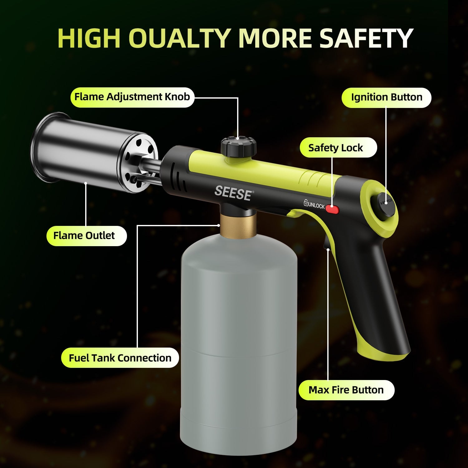 SEESE Powerful Propane Torch,Kitchen Cooking Torch With One-Touch Max Fire, Charcoal Lighter with a Safety Lock, Adjustable Blow Torch for Sous Vide, BBQ, Campfire, Fireplace(Tank Not Included)